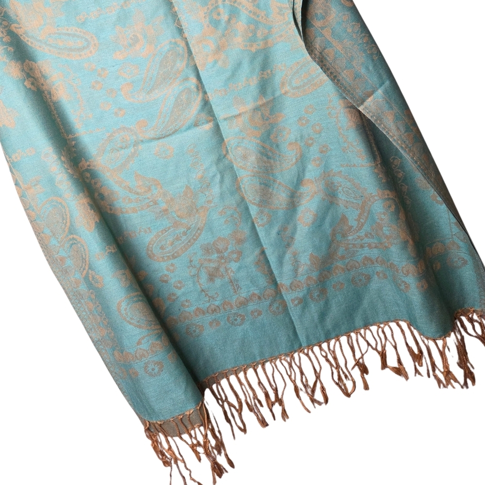 Pashmina Teal and Gold Tan Paisley Scarf
